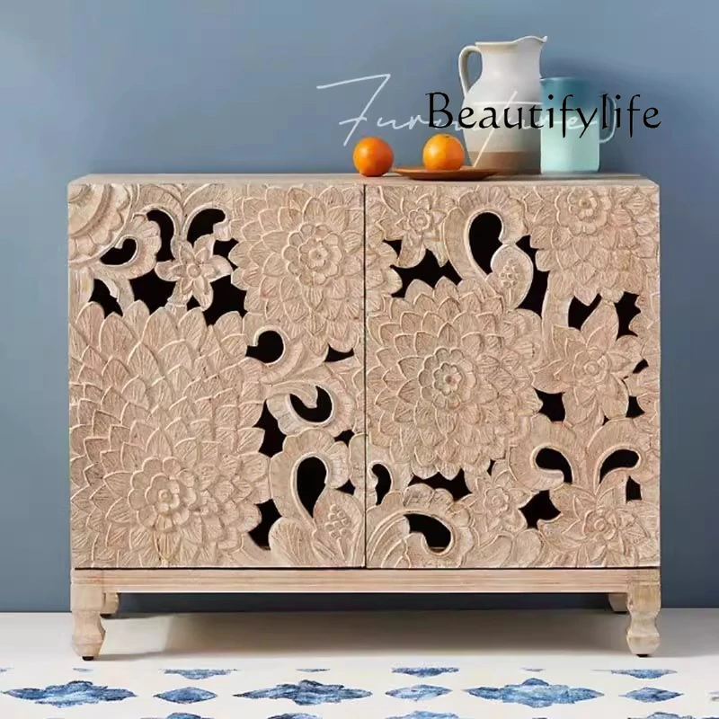 

French solid wood porch cabinet American country carved dining side cabinet retro old decorative storage fashion