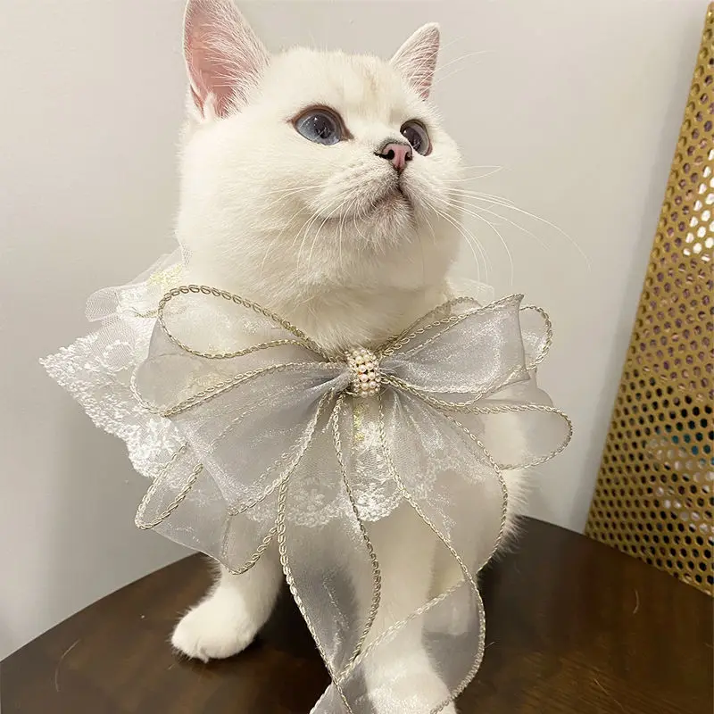 Pearl Cats Dogs Collar Jewelled Silk Wedding Cat Puppy Ribbon Scarf Pendant Pet Bows Necklace Satin New Kitten Accessories Bowti