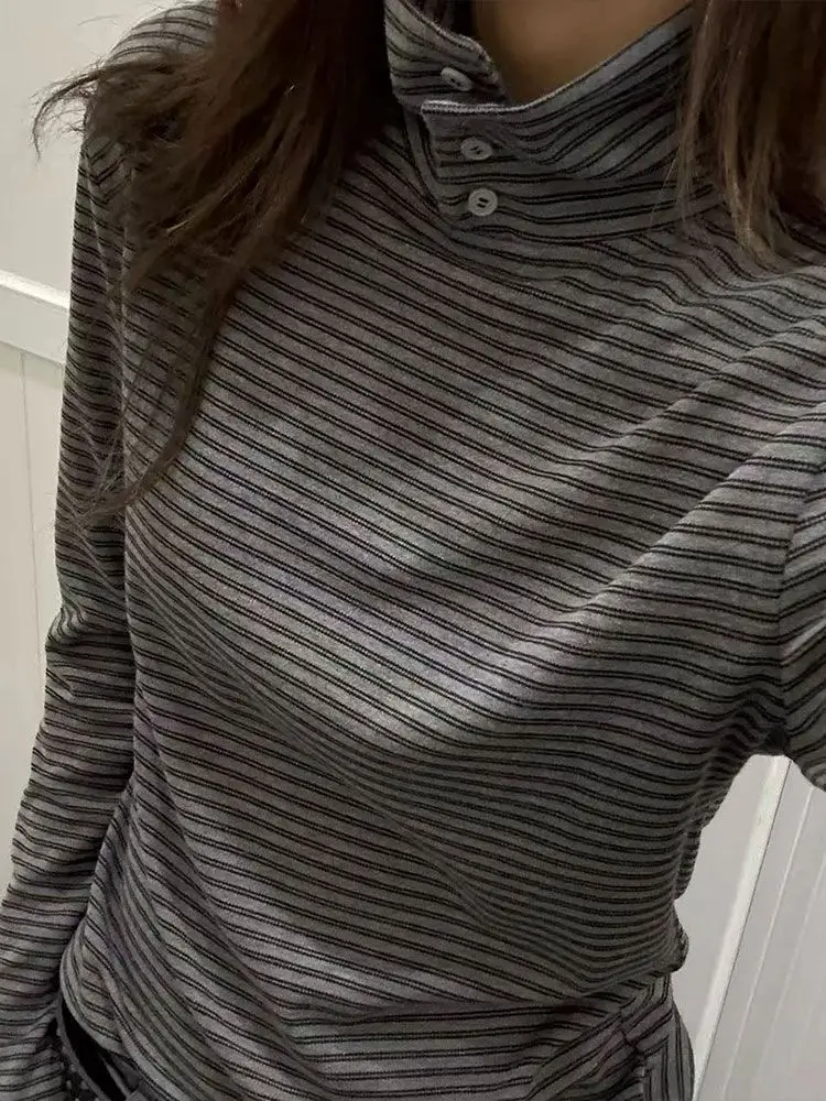 Kimotimo Retro Striped Turtleneck Long Sleeve T-shirts Women 2026 New Slim Fit Base Tops Korean Y2k Aesthetic Tees Ropa Mujer view 5