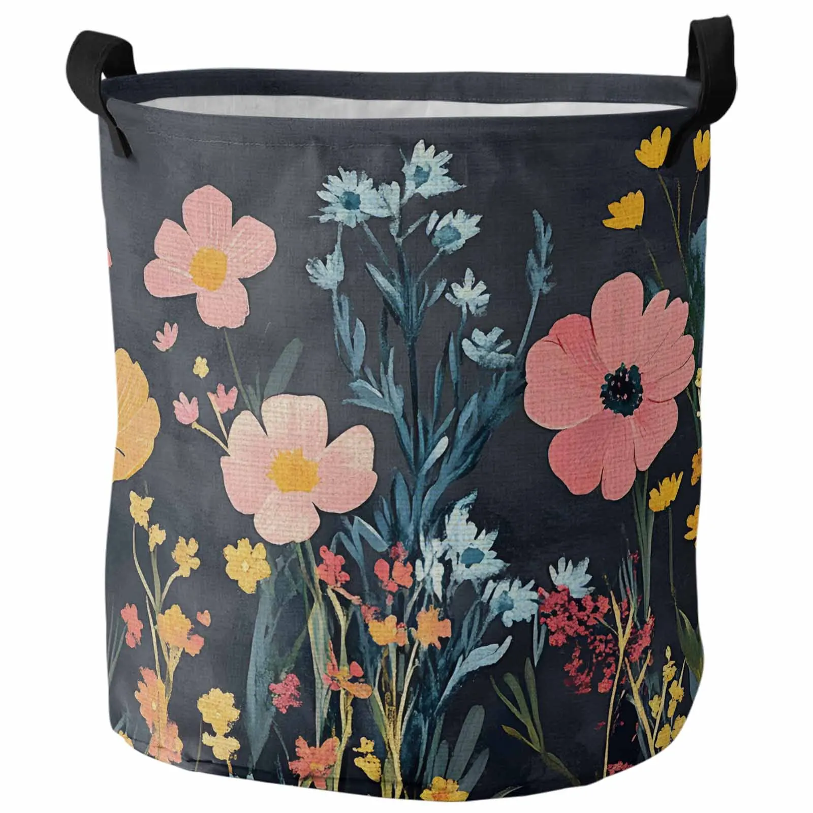 

Black Retro Pastoral Pink Spring Flowers Dirty Laundry Basket Foldable Waterproof Clothing Children Toy Storage Basket