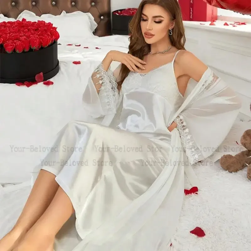 Long White Satin Sleepwear Sexy Vestidos De Novia Wedding Dress Suit Mesh Sleeve Kimono Nightgown Set 2Pcs Loungewear Lingerie
