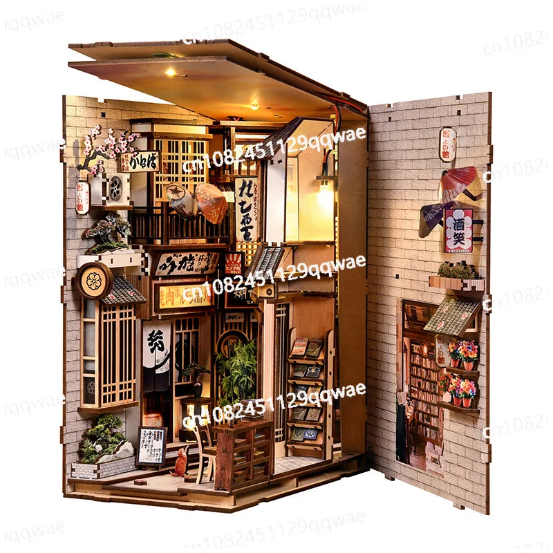 Alley hut model, creative 3d hand-assembled bookend wooden bookend DIY model 3D puzzle, lighting bookshelf, home decoration