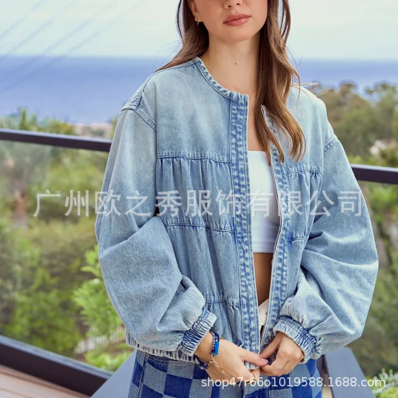 Women's Autumn Spring Top Coat Denim Round Neck Zipper Simple Comfortable Casual Design Fashion Advanced Niche Versatile Skinny