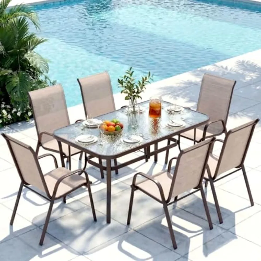 

Outdoor dining set for 6: brown rectangular glass table + 6 beige Textilene stackable chairs, includes umbrella hole, weather-r