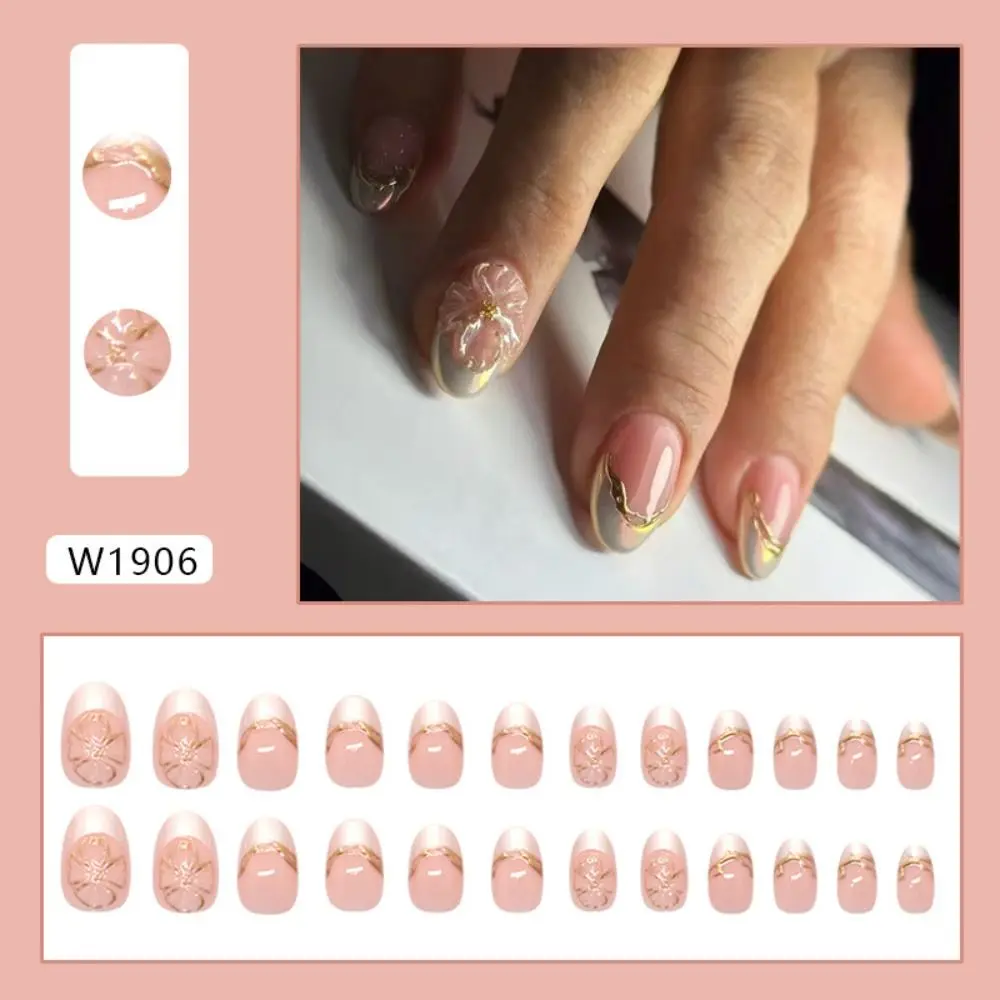 

24pcs Manicure Oval False Nails French Gold Flowers Fake Nails Cat Eye Edge Detachable Nail Tips Women