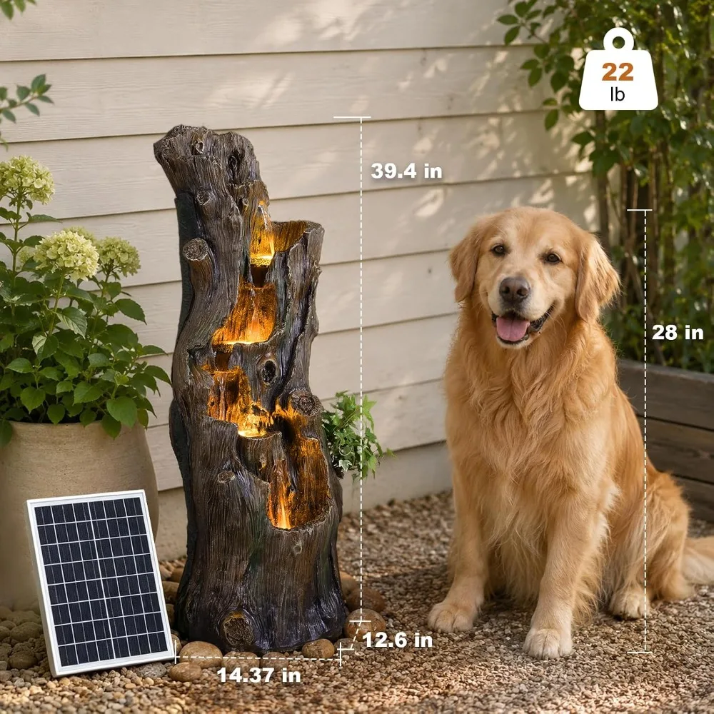 Solar Powered Tree Stump Water Fountain with LED Lights Waterfall Feature