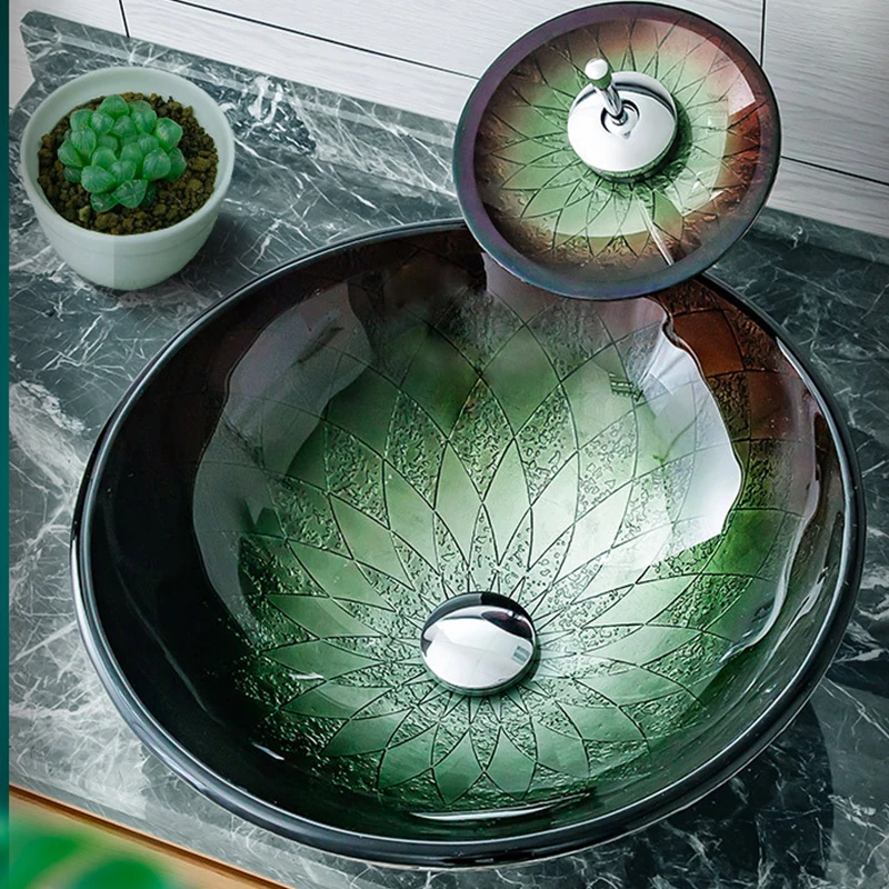 

Bathroom Sanitary Ware Glass Art Basin Chinese Style Light Luxury Countertop Sink 42cm Round Bowl Basin With Waterfall Faucet