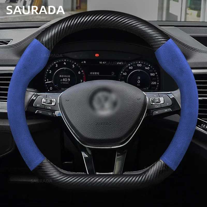 Leather Car Steering Wheel Cover, Non-Slip, 38cm, For VW Sharan, Passat, Caddy, Touran, Tiguan, Golf, Polo, Teramont, T-Roc,