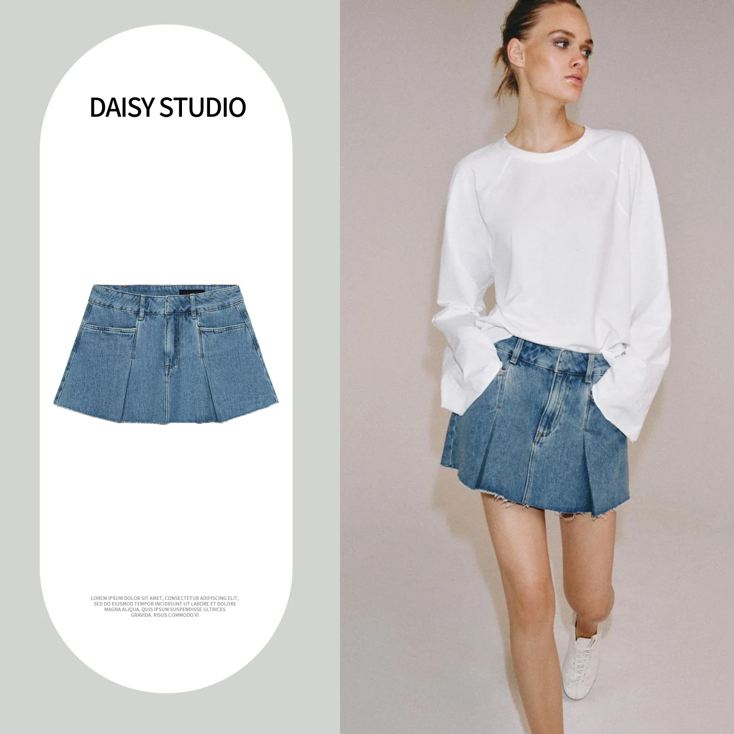 Spring Summer New Arrival Women's Commuter Style Metal Hook Button Frayed Hem mid Waist Wide Pleat Decorated Denim  Skirt