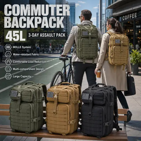 Men 45L Tactical Backpack Molle Bug Out Bag Survival Emergency Water Resistant Outdoor Hiking Camping Travel Rucksack Large Capacity EDC Everyday Carry Commuter Work School Laptop Daypack Trekking Cycling Durable Wear Resistant Unisex Men Women Students