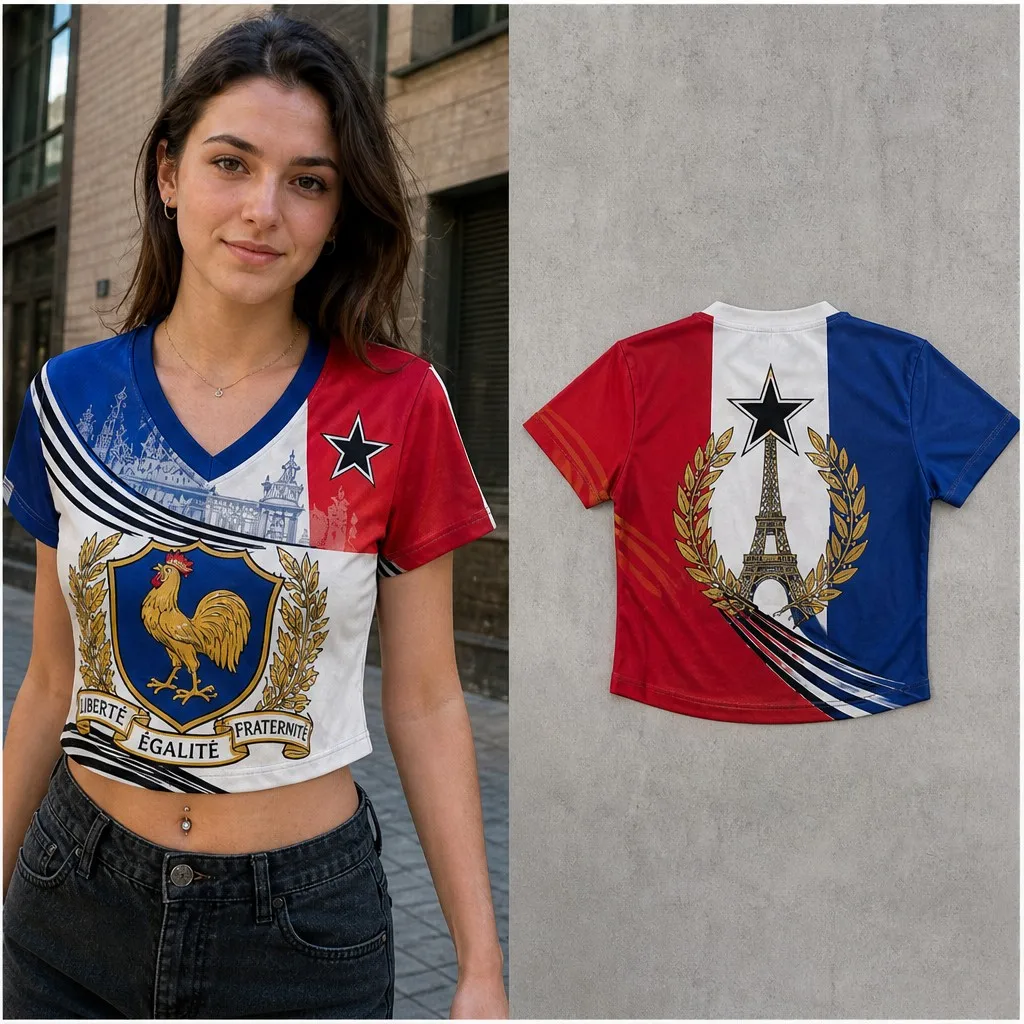 Womens V Neck Crop T Shirt France Rooster Crest Eiffel Star Graphic Short Sleeve Paris Street Casual Slim Top Summer Tee New Top