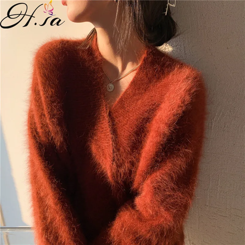 Hsa 2022 Women Spring Knitwear Sweater Jumpers Mohair V-neck Mink Fur Sweater Pullover Korean Solid Fake Fur Chic Sweater Coat