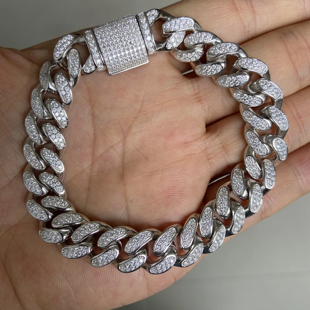 HQ GEMS 8 inch 12mm Sliver White Gold Iced Out VVS Diamond Cuban Link Moissanite Bracelet