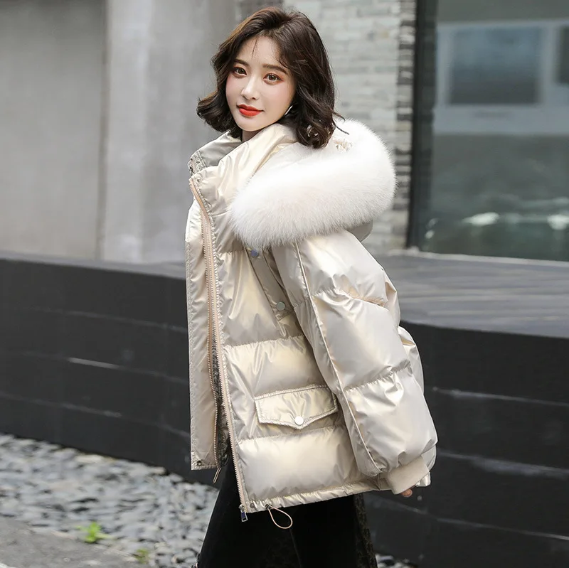 

Women Jacket Winter Parkas Female Glossy Down Jackets Fox Fur Collar Casual Warm Parka Short Coat Outwear R446