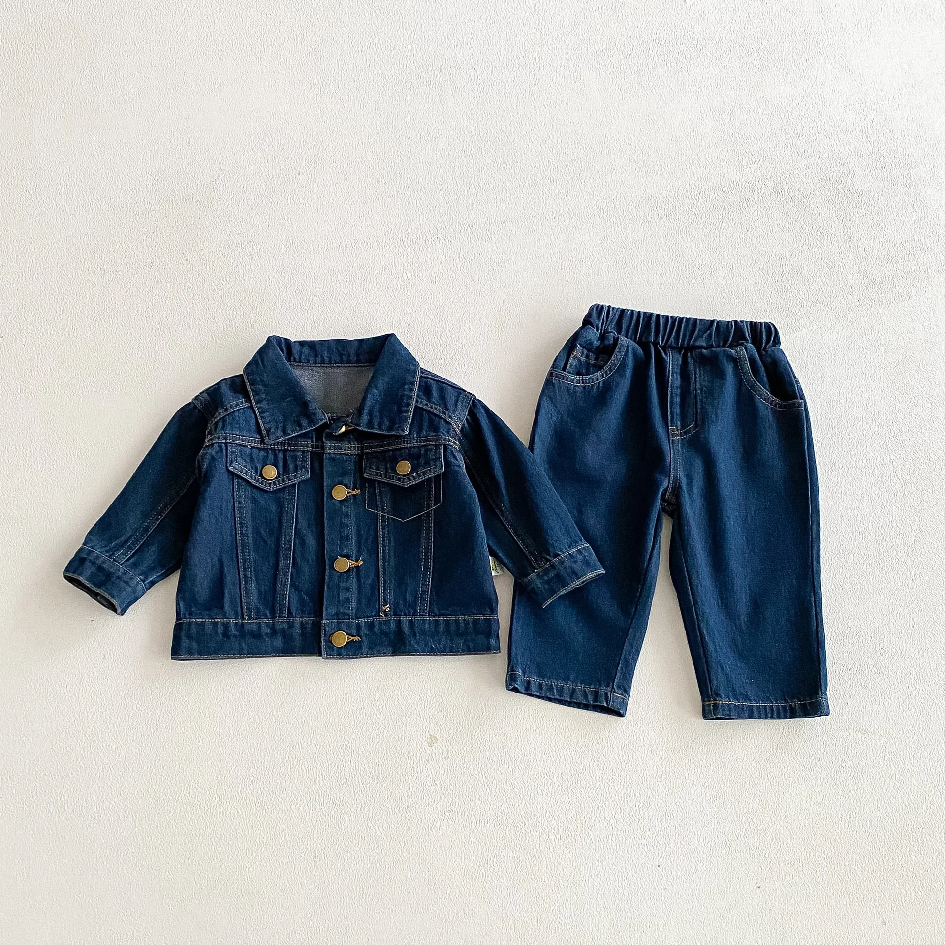 2026 Spring New Baby Long Sleeve Clothes Set Boys Girls Lapel Denim Coat + Pants 2pcs Suit Solid Toddler Casual Jeans Outfits