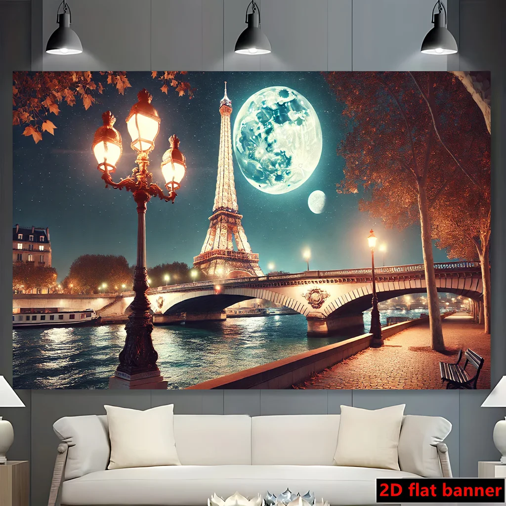 Decorative Tapestry Print Paris Eiffel Tower Moonlight River Scene Wall Hanging Home Decor Art Polyester Poster Romantic Travel