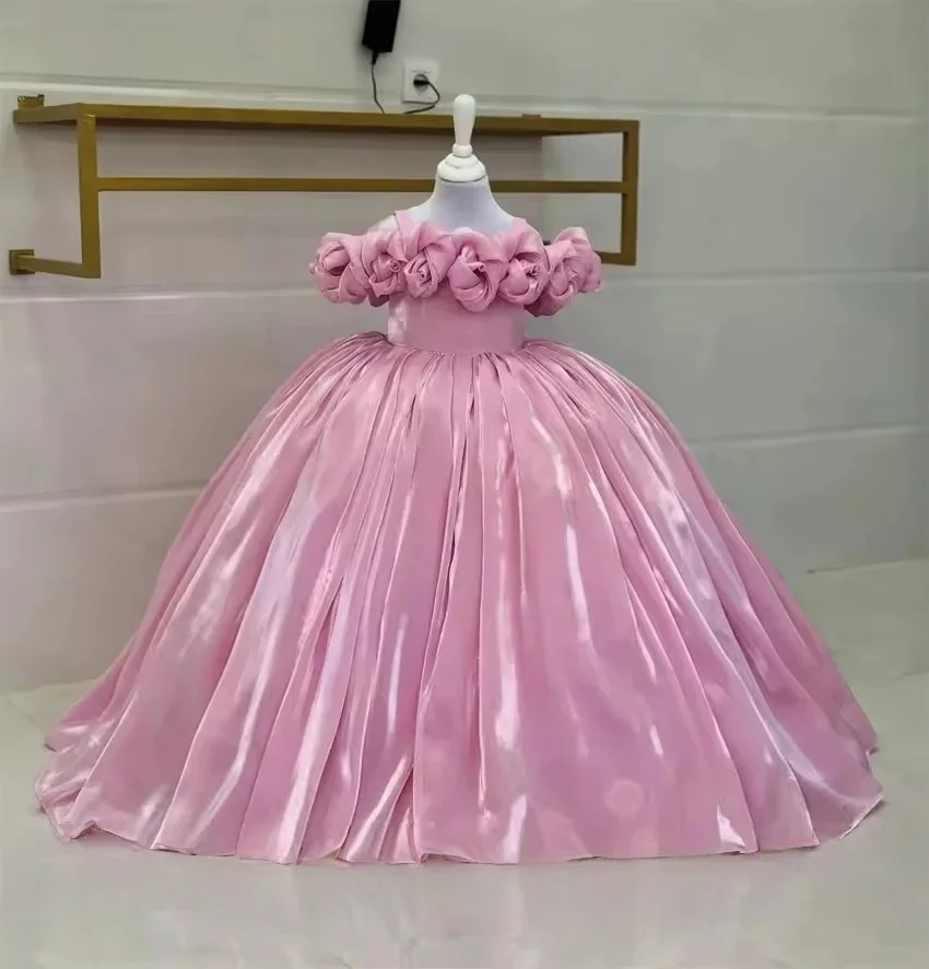 

Customized Pink Flower Girl Dresses For Wedding Roese Off Shoulder Floor Length Princess Elegant Birthday Evening Party Gown