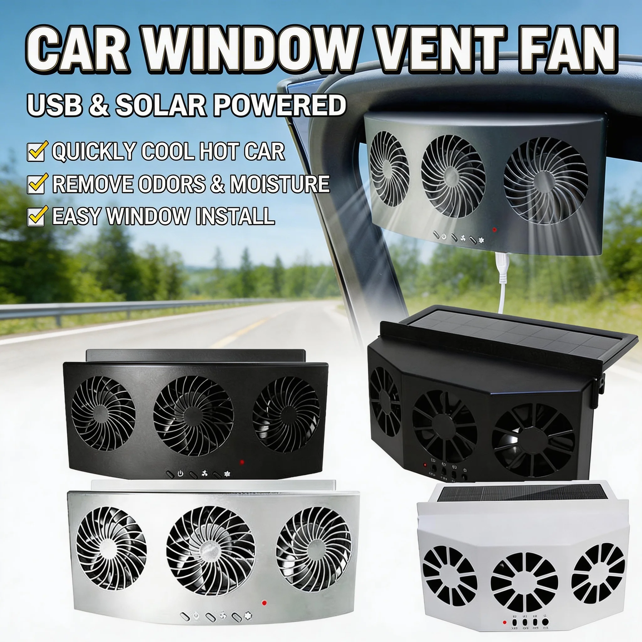3 Head Car Exhaust Fan USB Rechargeable Solar High Wind Power Air Circulation Cooling Heat Dissipation Odor Removal Fresh Air