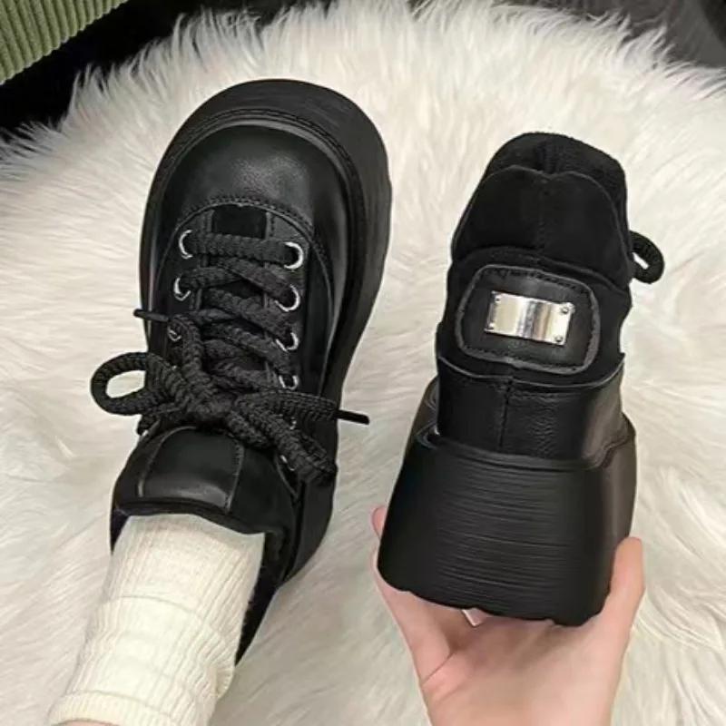 

Women Winter Thick Plush Up Loafers Imitation Deer Skin Splicing Round Toe Shoes 6cm Thick Sole Casual Shoes Leather Autumn