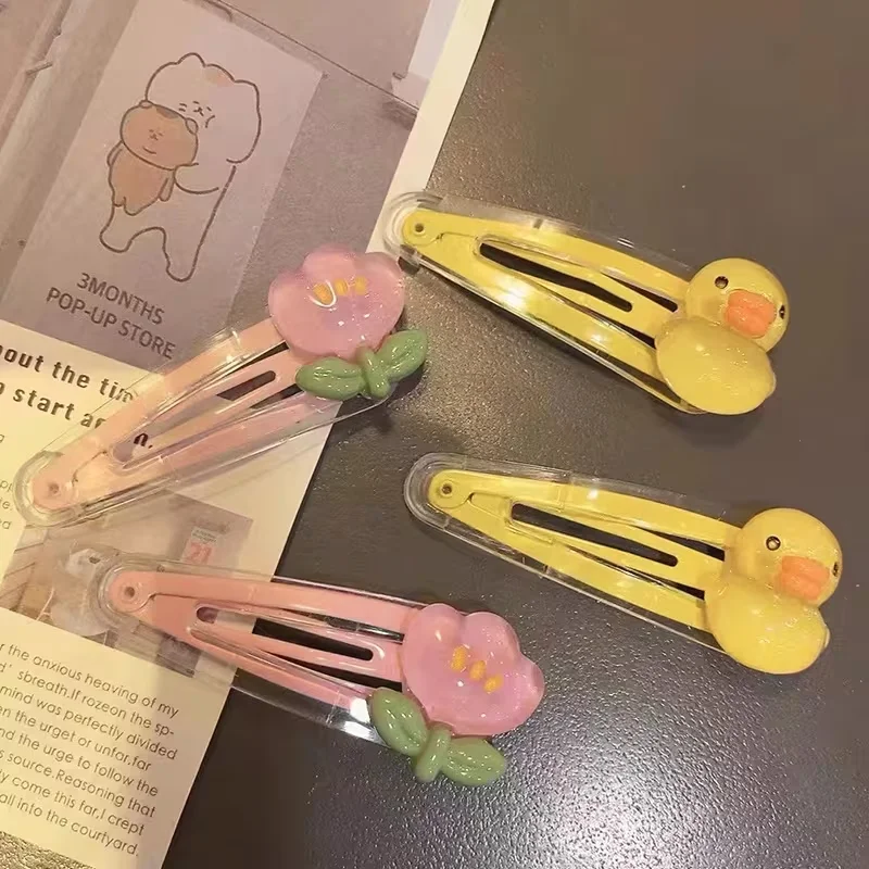 2/4 Tulip Flower Duck-Shaped Hair Clips, Cute Duck-Shaped Transparent BB Clips, Cartoon Girl Heart Side Bangs Clips