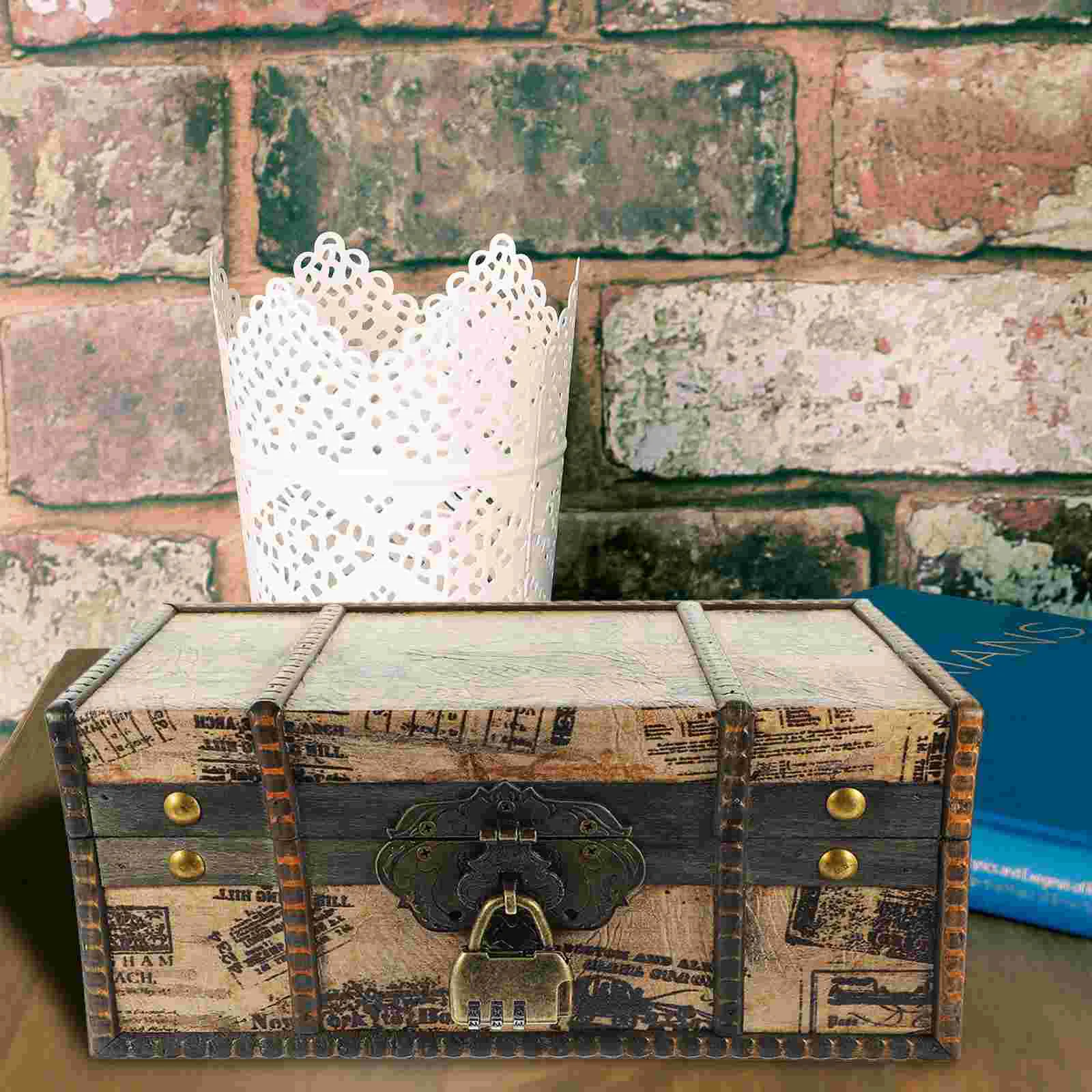 Retro Wooden Desktop Storage Box Vintage Treasure Chest Jewelry ganizer Trinket Container Decorative Gift Crate Piggy Bank For view 4
