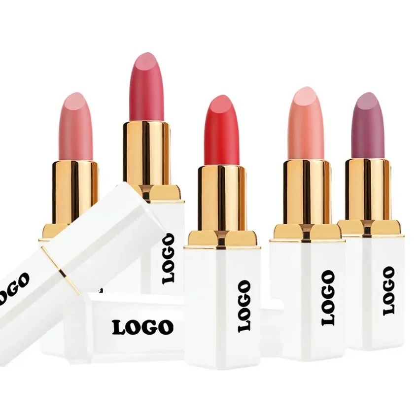 

Lipstick Private Label Pigment Waterproof Long Lasting Non-stick Matte Makeup Custom Logo Bulk Cruelty Free White Square Tube