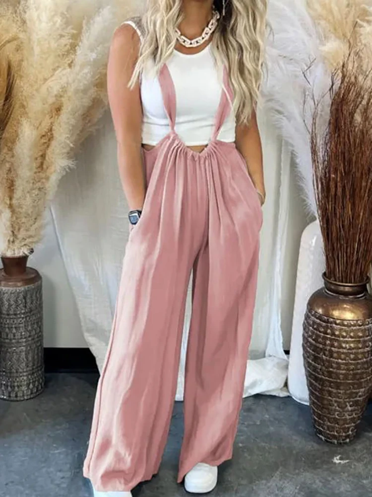 

Women Casual Loose Summer Solid Overalls Streetwear Sleeveless Patchwork Pockets Jumpsuits Female Loose Waist Long Pants Rompers