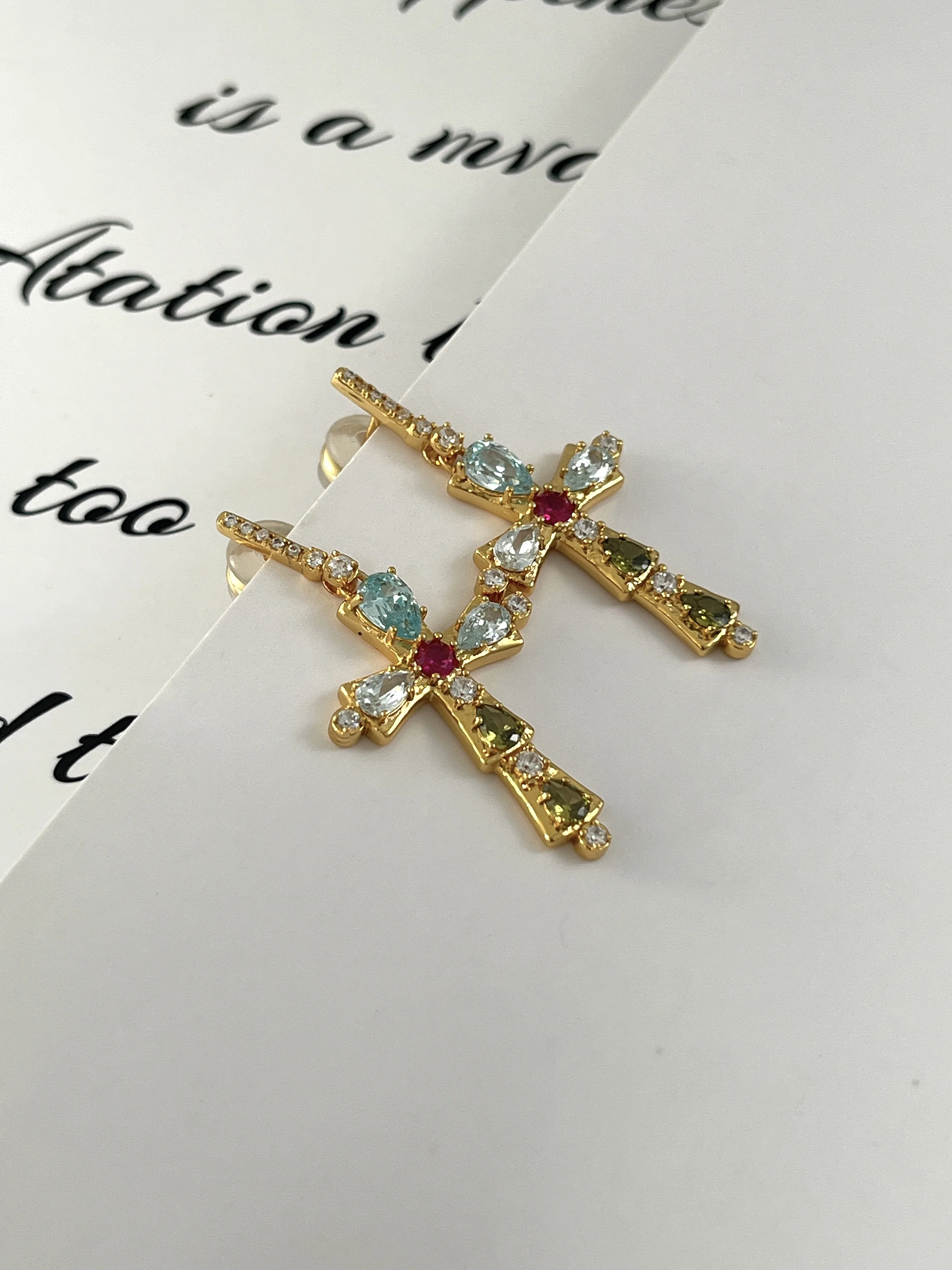 

Colorful Zircon Cross Earrings Unique Design Sweet & Edgy European-American Style Distinctive Personality Dopamine Jewelry