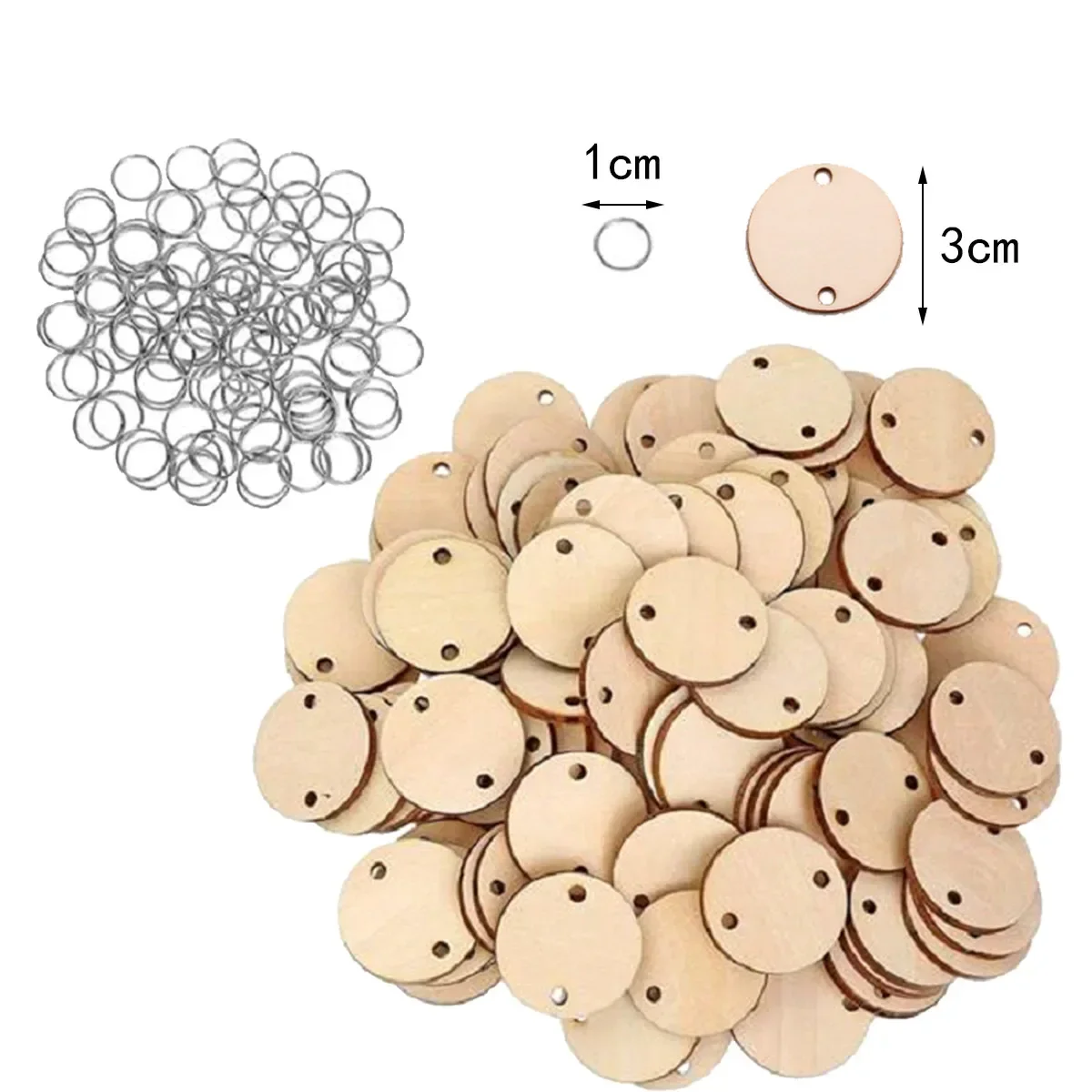 50 Pieces Round Heart Shaped Wooden Discs Wood Tags with 2 Holes and 50 Pieces Rings for Birthday Board Calendar DIY Crafts