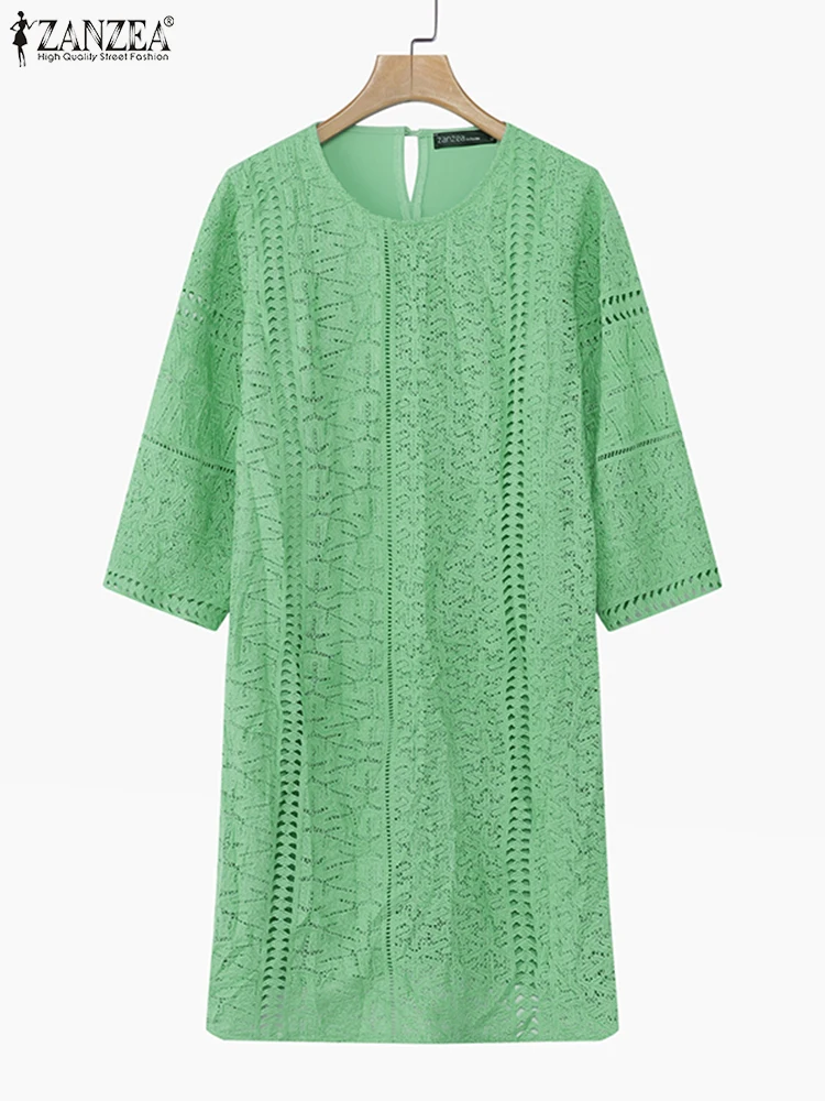 ZANZEA 2025 Women Elegant Office OL Dresses Summer Mini Dress Fashion 3/4 Sleeve Casual Lace Sundress Solid Color Short Robe