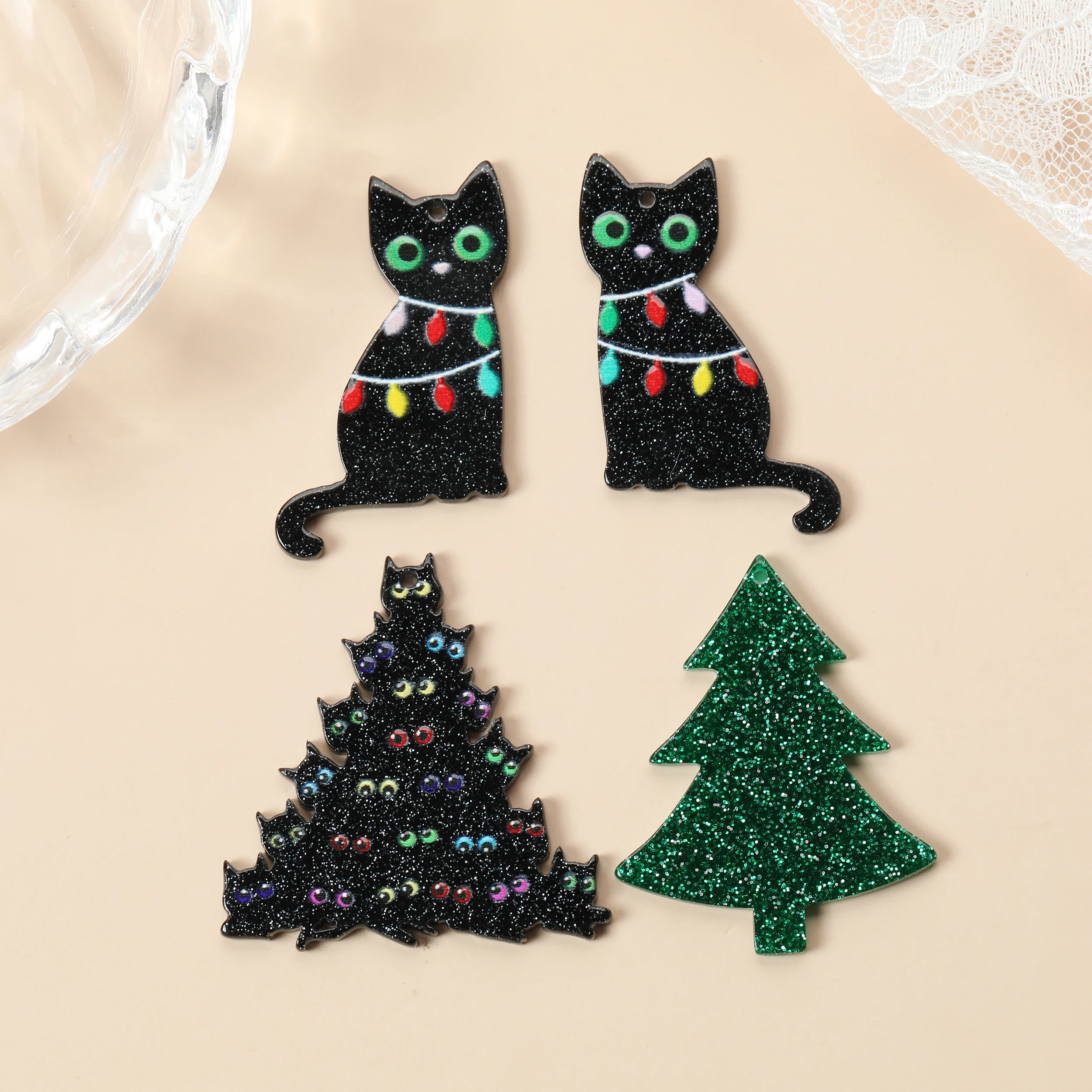 6Pcs Christmas Charms Creative Acrylic Cat Tree Pendant For Keychain Necklace Jewelry Diy Making