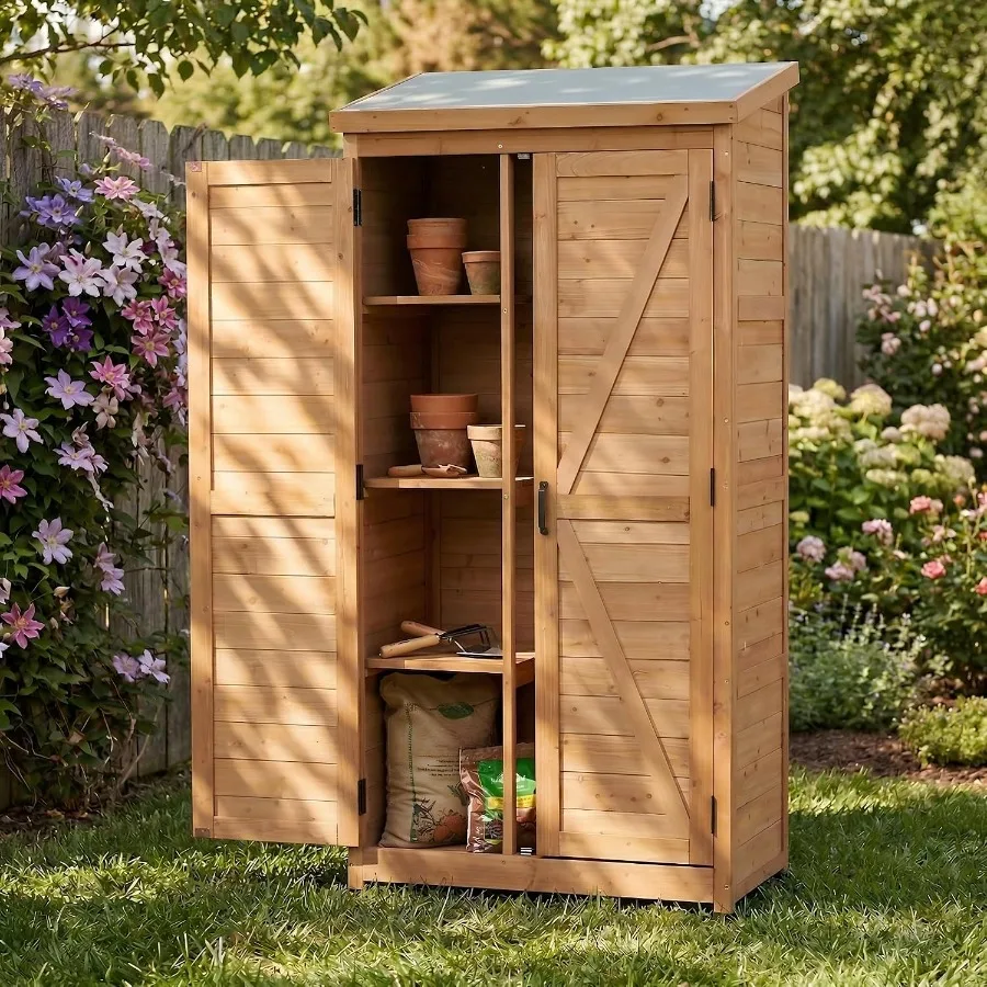 Outdoor Storage Shed: Light Brown Wooden Garden Shed with Metal Roof, Tall Vertical Tool Cabinet with Adjustable Shelves for Ba