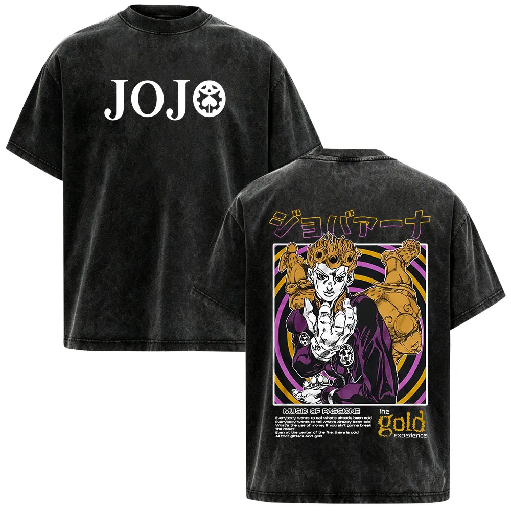 Anime Jojo Bizarre Adventure Giorno Giovanna Manga Vintage Washed T-shirt Men Women Clothing Fashion Retro Short Sleeve T Shirts
