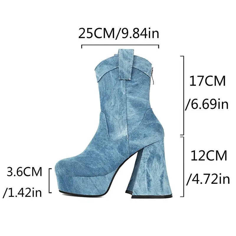 ORCHA LISA Hot Cowboy Western Boots Round Toe 12cm High Heels 3.6cm Platform Back Zipper Mixed Color Large Size 41 42 43 Winter