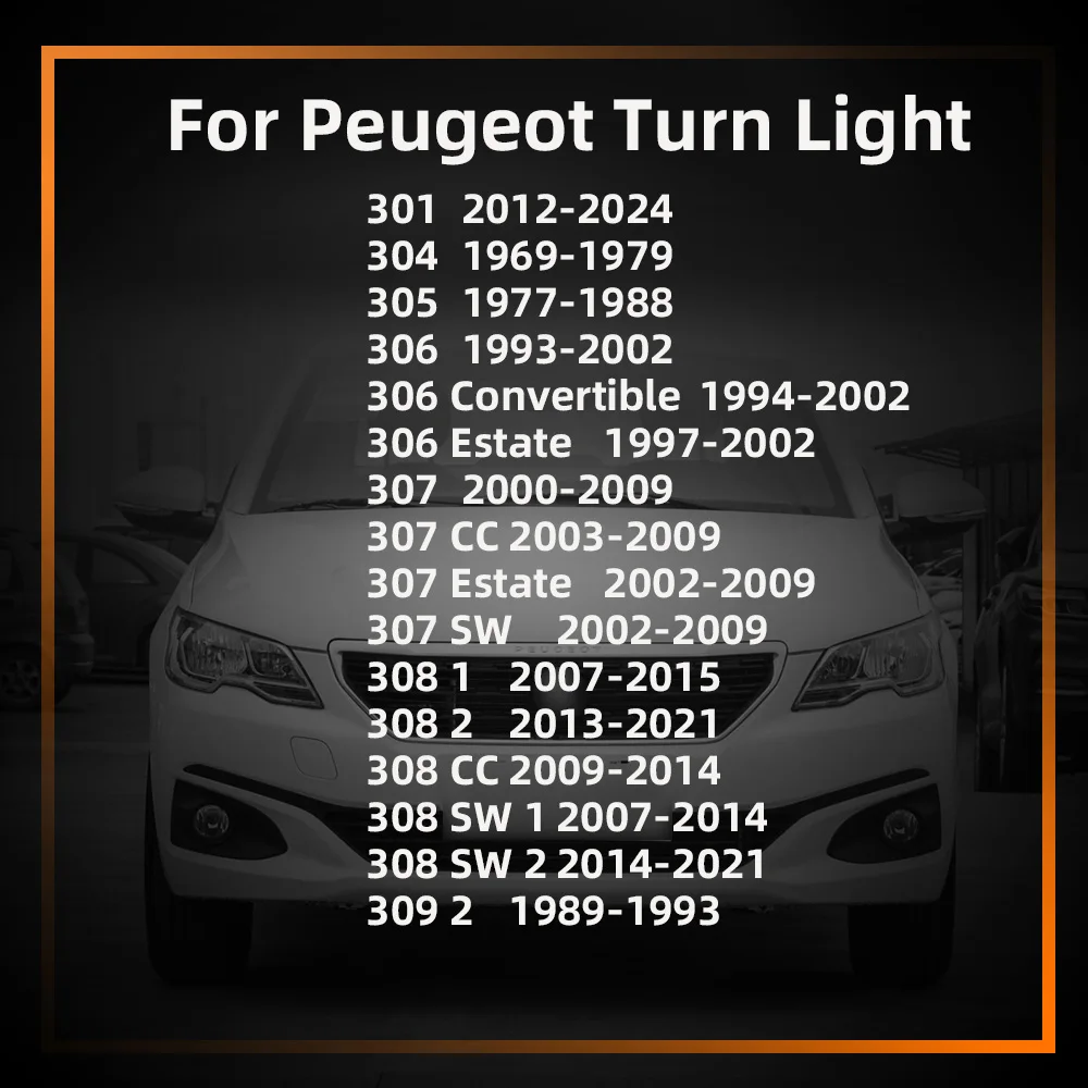 ไฟเลี้ยว LED สำหรับรถยนต์ 2 ชิ้น หลอดไฟสัญญาณไฟเลี้ยว สีเหลืองอำพัน สำหรับด้านหน้า/ด้านหลัง สำหรับรถยนต์ Peugeot 301/304/305/306/307/308/309