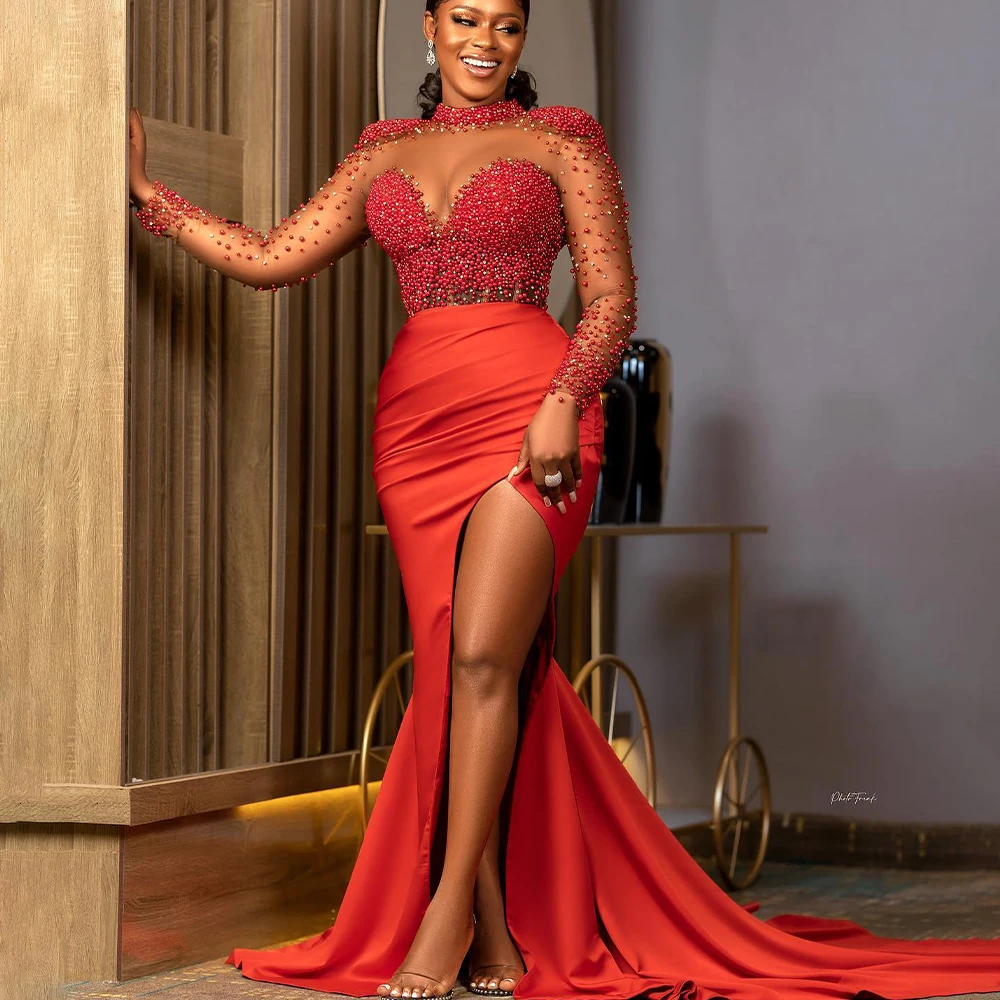 Aso Ebi Rote Meerjungfrau Abendkleider Langarm Side Split Perlen Perlen Illusion Afrika Formale Kleid robes de soriee Angepasst