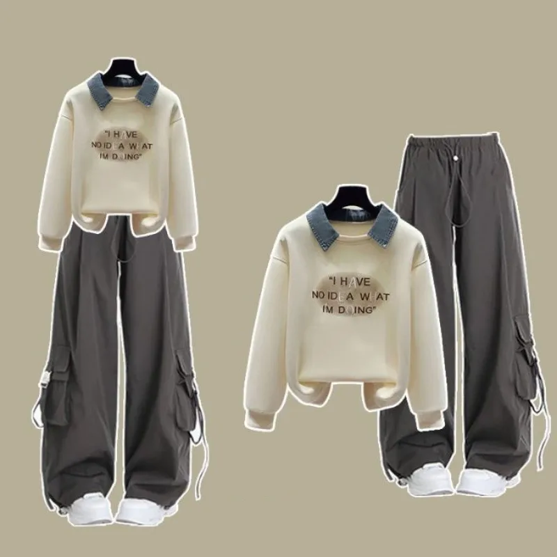 

Girl's 2025 Autumn Winter New Fake Two-piece Long Polo Hoodie Top+loose Cargo Pants Suit Korean Elegant Tracksuit Matching Set