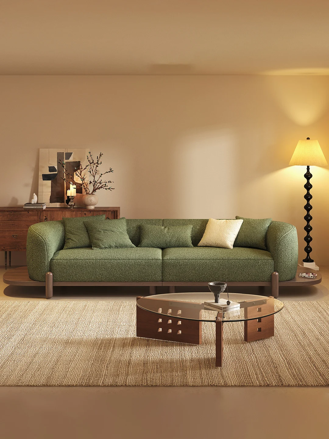 Green Boucle Sofa Mid Century Modern Curved Arm Couch With Round Side Tables Solid Wood Base Retro Designer Living Room Furnitur