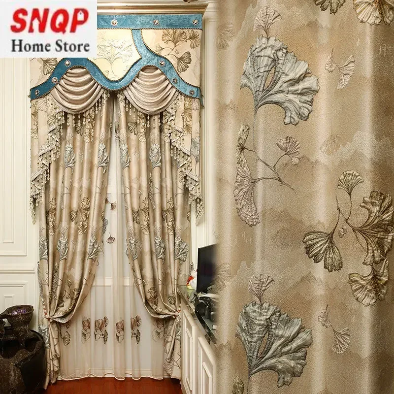 High-precision 4D large relief curtains High-end guest dining room bedroom luxury European-style curtains finished ginkgo leaf
