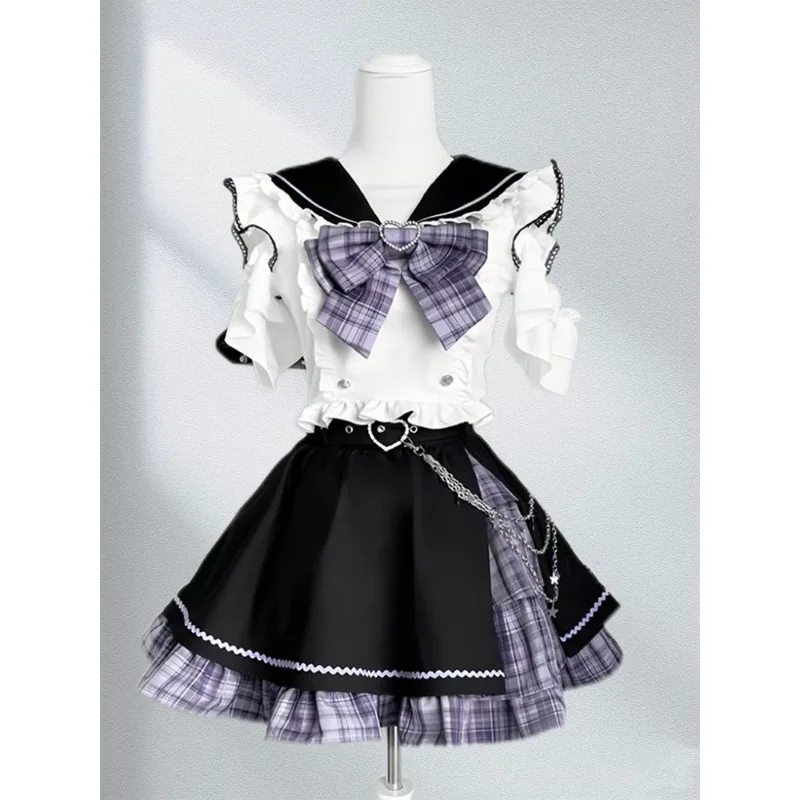 Japanese Sweet Lolita Cosplay Gothic College Style Jk Uniform Y2k Dress Black Purple Patchwork  Kawaii Top Skirt 2 Piece Set Set