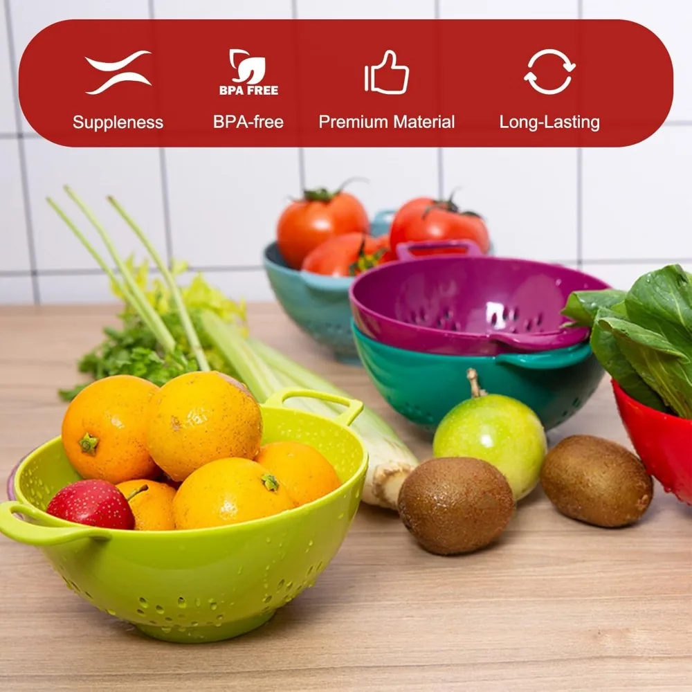 8 قطع مصفاة صغيرة للمطبخ، مصفاة بلاستيكية ملونة، وعاء مصفاة فواكه صغير بمقابض مزدوجة، مصافي توت متينة