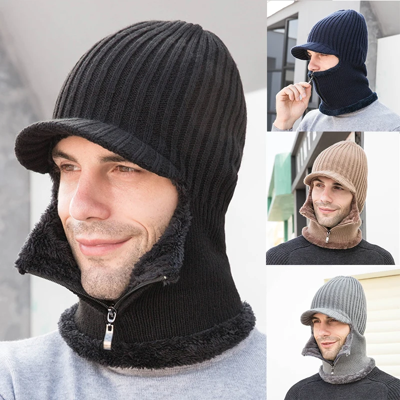 

New Trendy Men Winter Warm Knit Hat Outdoor Ear Protection Hats Warm Thick Bicycle Knitted Capd Scarf Windproof Keep Warm Caps