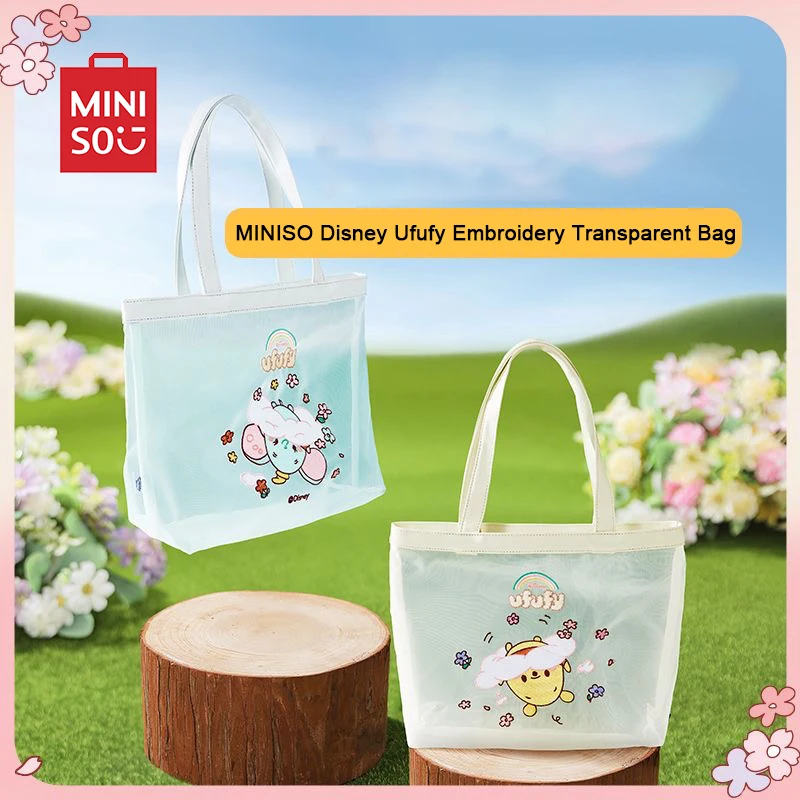 MINISO Disney Transparent Handbag Ufufy Flower Print Mesh Tote Bag Cartoon Large Capacity Shopping Organiser Bag Anime Gifts