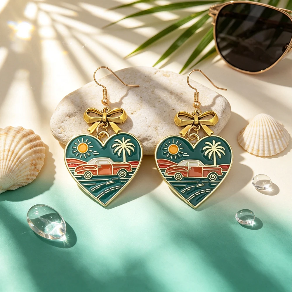Three Types of European and American Retro Heart-Shaped Oil-Drip Earrings, Gold Bow Pendants, Seaside Highway Car Scenery Motifs, Holiday-Style Women's Earrings