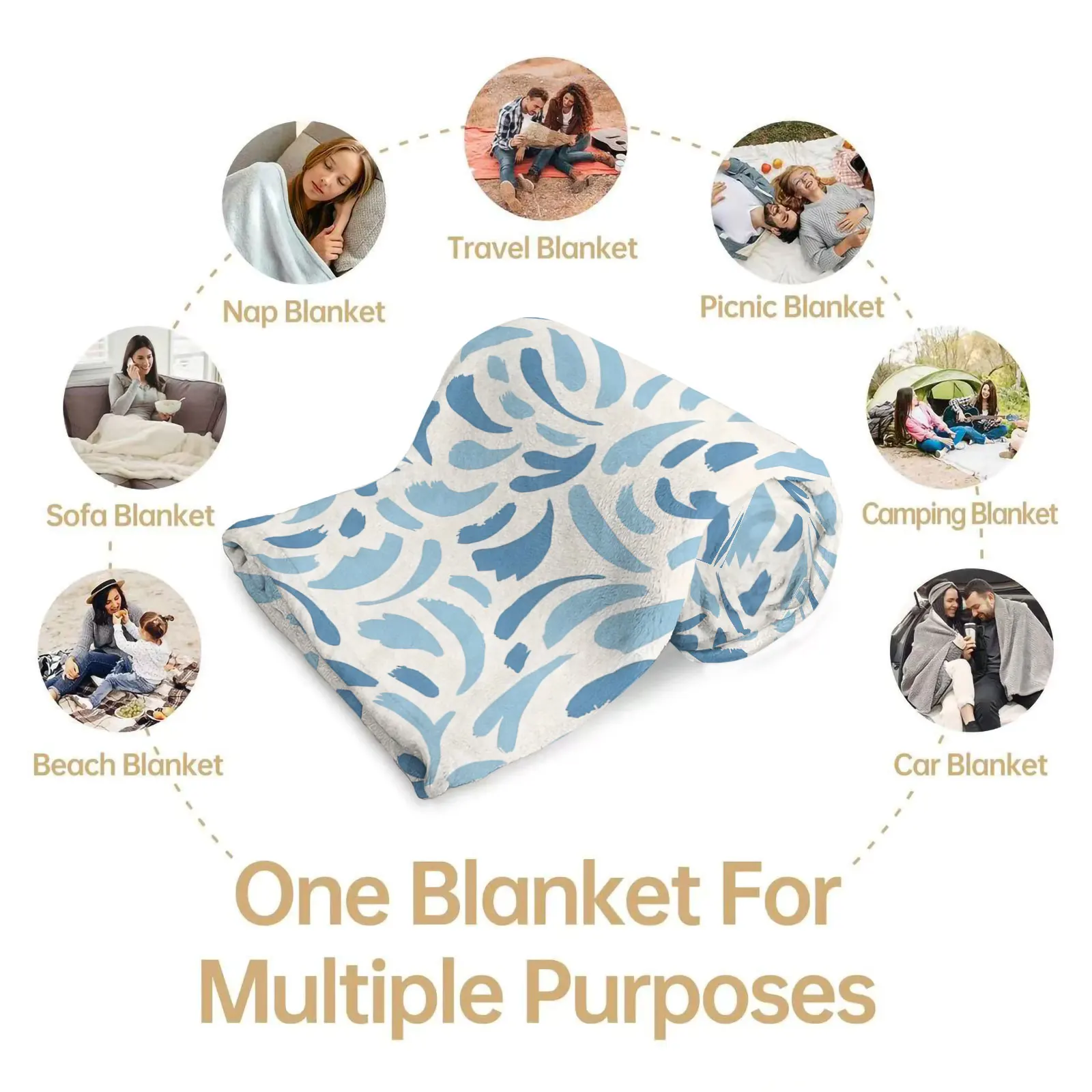 Watercolor Blue Brush Stroke Leaf Pattern Flannel Throw Blanket Minimalist Abstract Warm Sofa Bed Couch Travel Camping Blanket