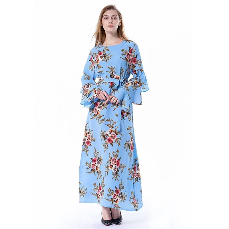 

Plus-Size Fashion Arab Muslim Dubai Saudi Ladies Abaya Fall Casual Simple Round Neck Print Long Petal Sleeved Women's Dresses