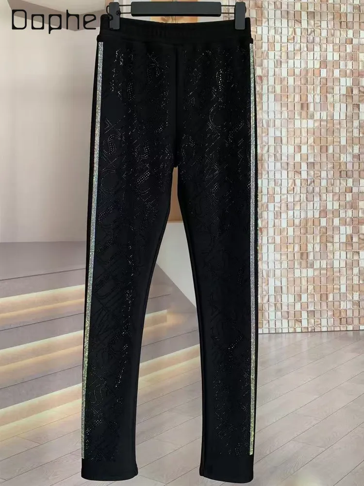 

European Heavy Industry Fleece Lined Rhinestone Leggings for Women Slimming Black Tight Pants Mid-High Waist Skinny Pants