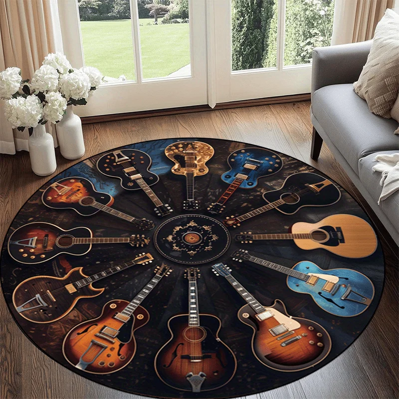 Guitars Radial Print Round Area Rug Musical Theme Non Slip Floor Mat Living Room Bedroom Music Studio Decor Washable Carpet