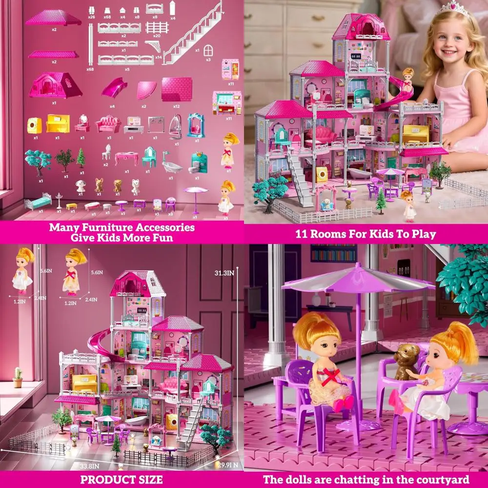 

4-этажный кукольный домик на 11 комнат с 2 куклами, мебелью и аксессуарами для девочек 3-8 лет