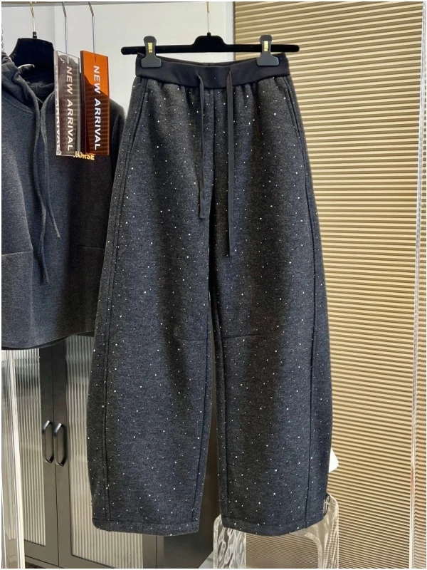 

plus Size Fce Lined Wide Leg Pants Heavy Du Bright Diamond Elastic Waist Bend Knife Pants Women's Sle Autumn Winter Fa...